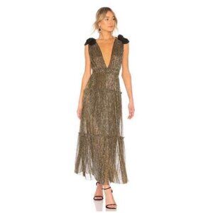 NWT Sabina Musayev Ray Tie Shoulder Metallic Tiered Maxi Dress